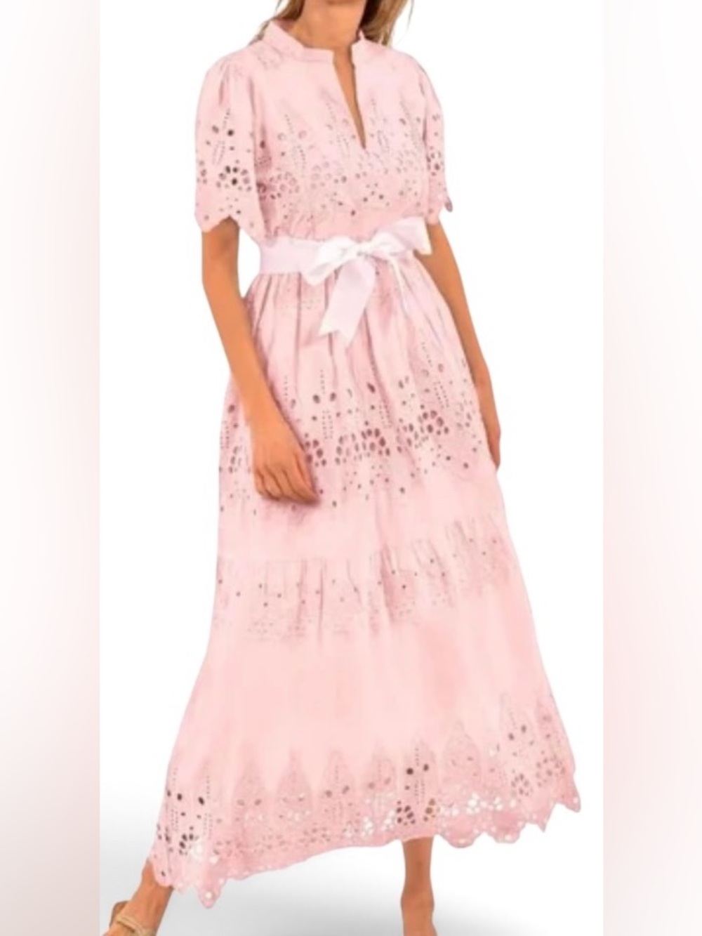 Gretchen Scott Pink Eyelet Embroidered Maxi Dress NWT Size M